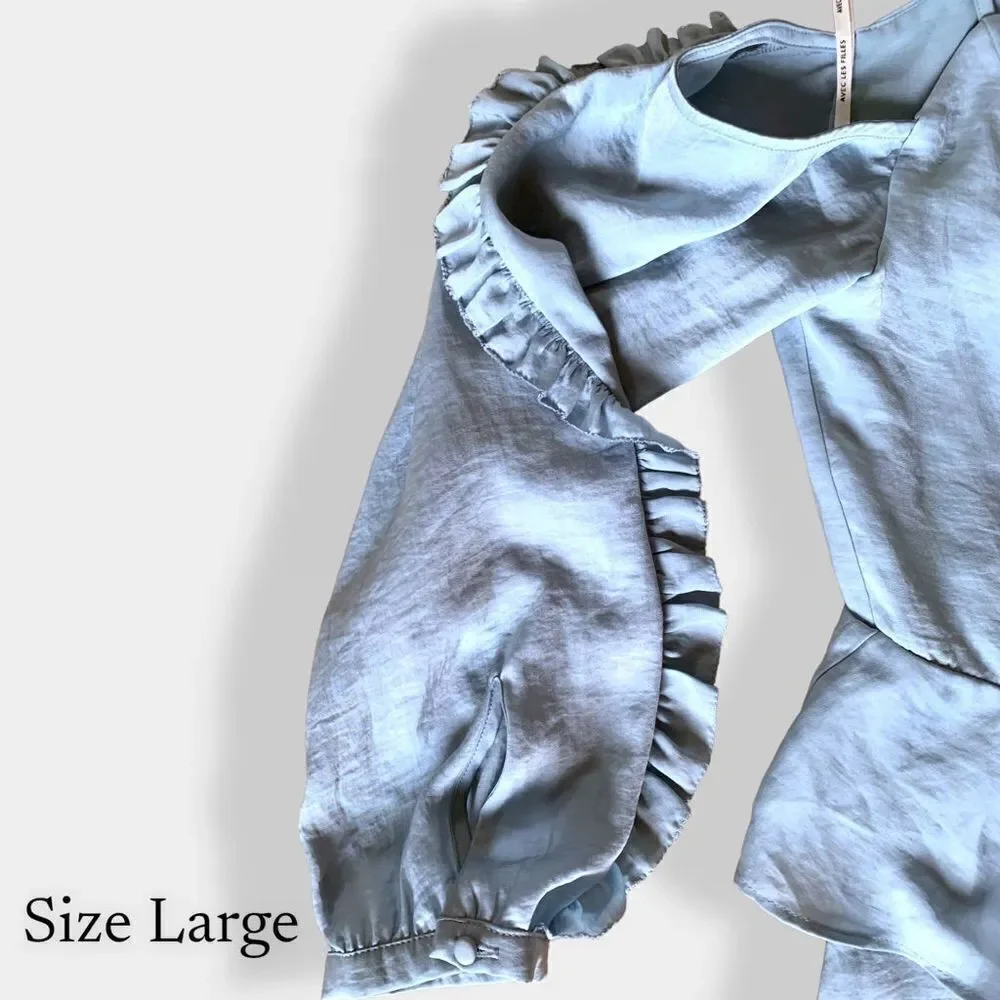 Avec Les Filles Y2K Cold Shoulder Midi Satin Dress Size L Long Sleeve‎ Ruffles